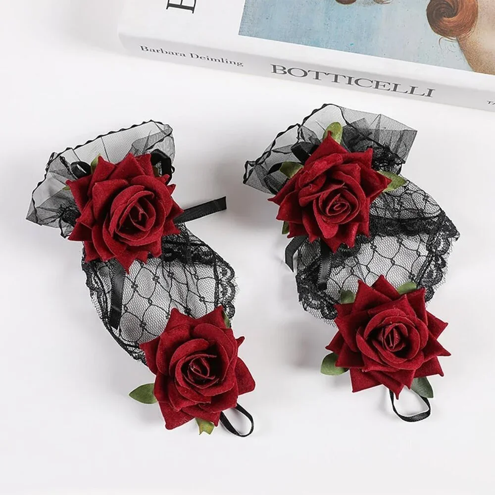 Women's Black Flower Rose Lace Hand Sleeve Gloves Wedding Halloween Accessories